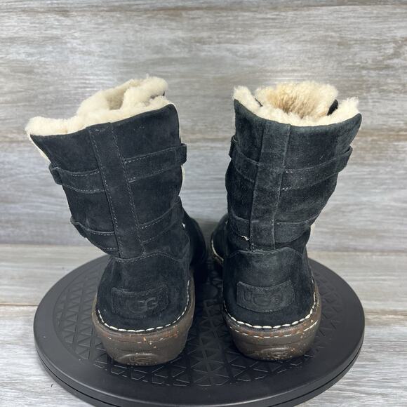 UGG Womens CASPIA Black Suede Sheepskin Wrap Laces Ankle Boots Size 9 - Picture 4 of 9